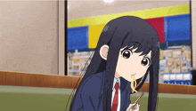 a girl with long black hair and a red tie is eating noodles with chopsticks