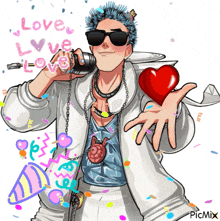 a cartoon of a man holding a heart with the words love written on the top