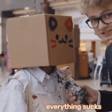 a person with a cardboard box on their head that says " everything sucks " on it