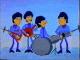 a cartoon drawing of the beatles playing guitars and drums