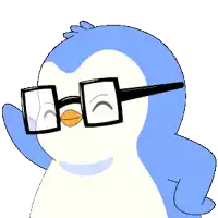 a cartoon penguin wearing glasses with a yellow beak