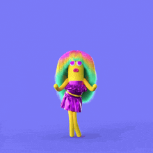 a cartoon character wearing a purple dress and a rainbow wig