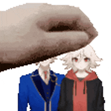 a pixel art of a man and a girl with a hand on their head