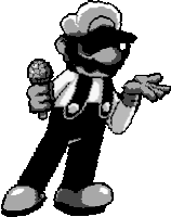 a black and white pixel art of a man holding a microphone and wearing sunglasses .