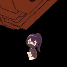 a cartoon girl with purple hair and blue eyes is sitting on the ground
