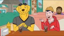 a cartoon of a man and a dog sitting at a diner