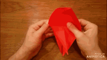 a person is holding a red paper in their hands with the words made in animatica visible in the corner