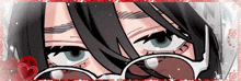 a close up of a person 's face with glasses and a heart in the background