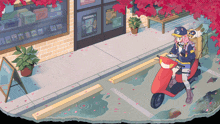 an illustration of a girl riding a scooter in front of a store with a sign that says ' pokemon ' on it