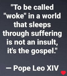 a quote from pope leo xiv that says " to be called " woke " in a world that sleeps through suffering