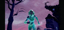 a woman in a glowing green outfit is standing in front of a tree in a video game .