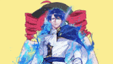 a drawing of a man with blue hair and a white shirt