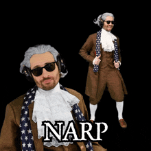 a man in a historical costume with the name narp on the bottom
