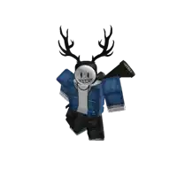 a roblox character with antlers is wearing a blue jacket and black pants