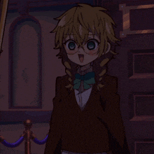 a girl with glasses and a bow tie is standing in a dark room