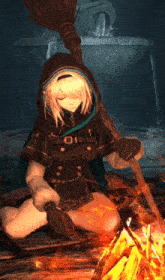 a witch is kneeling in front of a fire with a broom