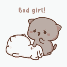 a cartoon cat is laying on another cat 's back and saying bad girl