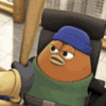 a cartoon character is sitting in a chair with a blue hat on .