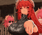 a girl with red hair is wearing a black shirt that says ' daily s ' on it
