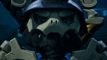 a close up of a cartoon character with a skull head