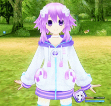 a girl with purple hair is standing in a video game and has a level of zmelamid