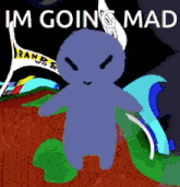 a cartoon character is standing in front of a sign that says ' i 'm going mad '