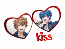a couple of hearts with the word kiss in red