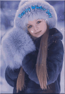a little girl wearing a fur coat and hat with the words happy winter day written around her