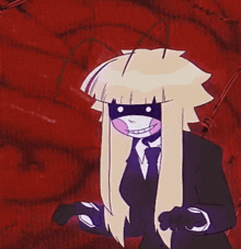 a cartoon character in a suit and tie with long blonde hair and a mask on her face .
