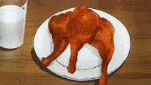 a plate of chicken legs next to a glass of water