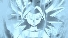 a close up of a cartoon character with a very long hair and a blue background .