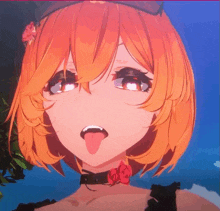 a close up of a girl with orange hair sticking her tongue out