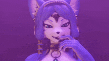 a purple furry character with blue eyes and a collar around her neck