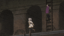 a man in a purple shirt is hanging from a ladder while a woman in a white dress walks by