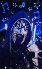 a person with a mask on their face is surrounded by musical notes and stars