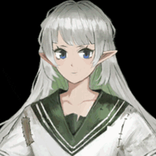 a girl with white hair and blue eyes is wearing a green and white outfit