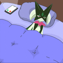a cartoon drawing of a cat laying on a bed