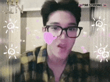 a man wearing glasses and a plaid shirt is surrounded by suns and hearts and says t98 strong on the bottom