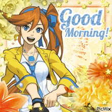 a picture of a girl with the words " good morning " on it