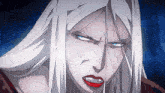 a woman with long white hair and red lips has a very angry look on her face