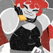 a cartoon drawing of a woman with red hair holding a piece of cheese