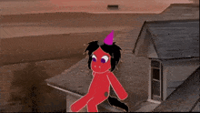 a cartoon of a red pony with a purple horn standing on the roof of a house