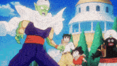 a group of cartoon characters are standing next to each other