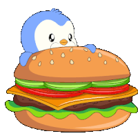 a cartoon penguin is sitting on top of a hamburger