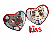 two cartoon characters in heart shaped frames with the word kiss underneath them