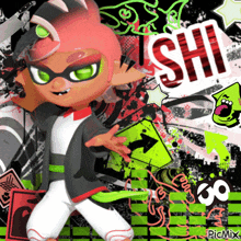 a cartoon character is standing in front of a sign that says " shi "