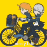 a cartoon of two people riding a bicycle with the words nico y fabi written on the bottom