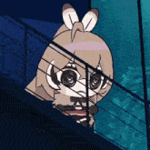 a cartoon character is sitting on a set of stairs looking out of a window .