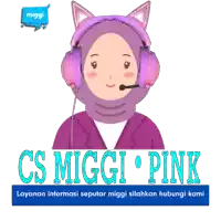 a cartoon illustration of a woman wearing headphones with the words cs miggi pink on the bottom