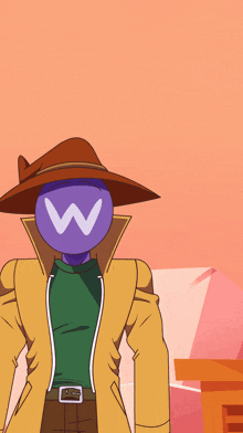 a cartoon character with a hat and a purple ball with a white w on it